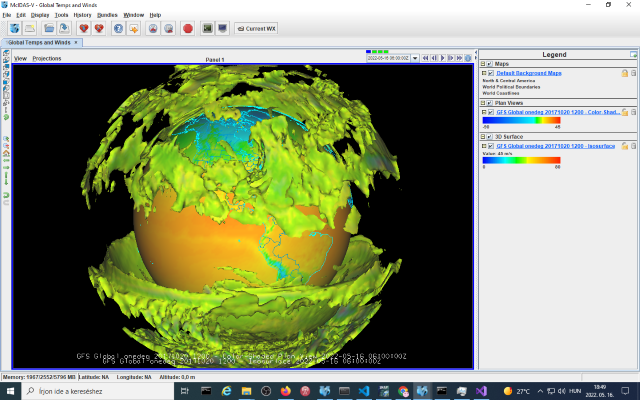 GFS Global hőmérséklet és szélmezők 3D vizualizáció (McIDAS-V)