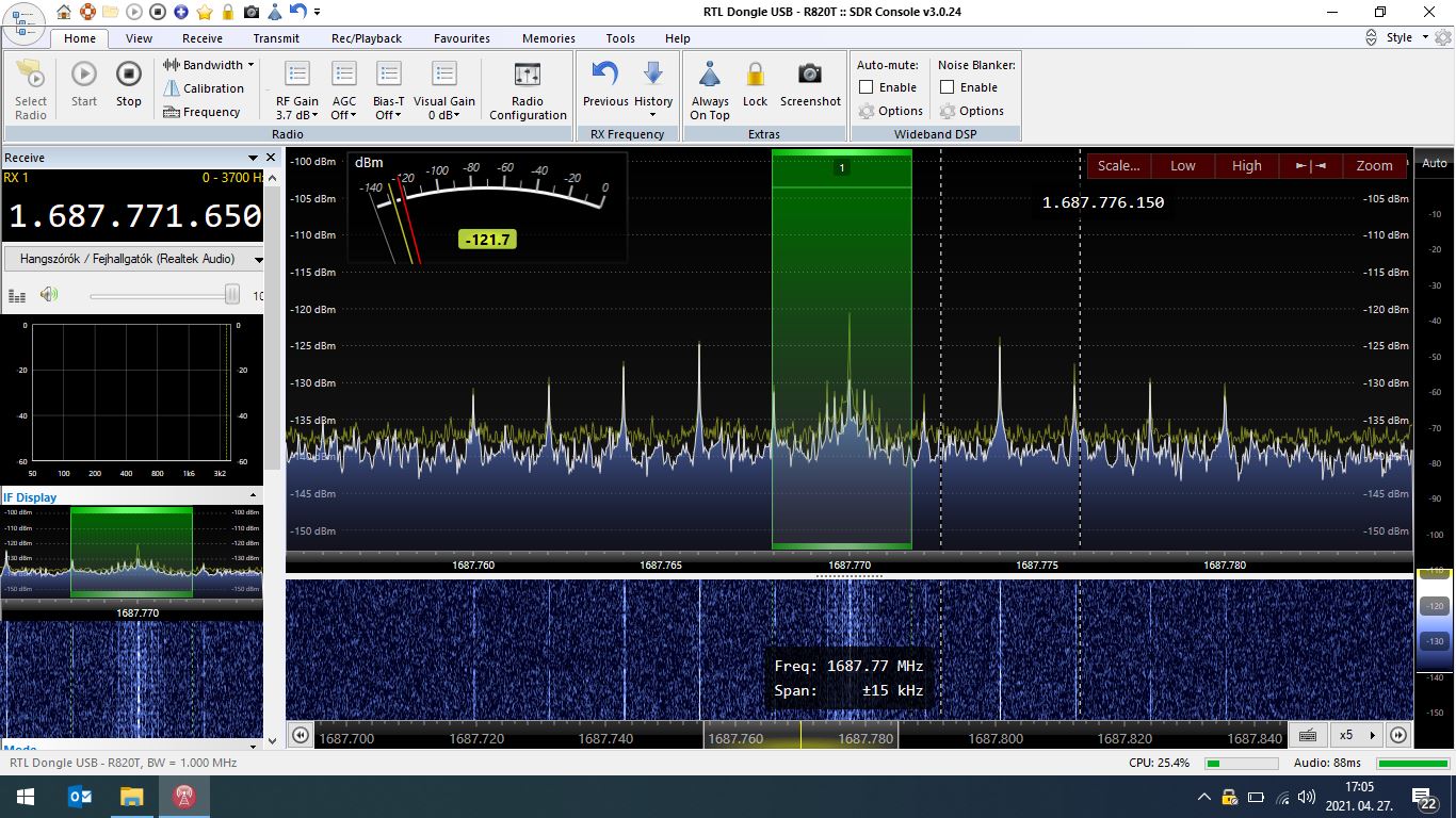 GOES – 1687,77 MHz-es vétel SDR Console spektrumon és vízesésdiagramon